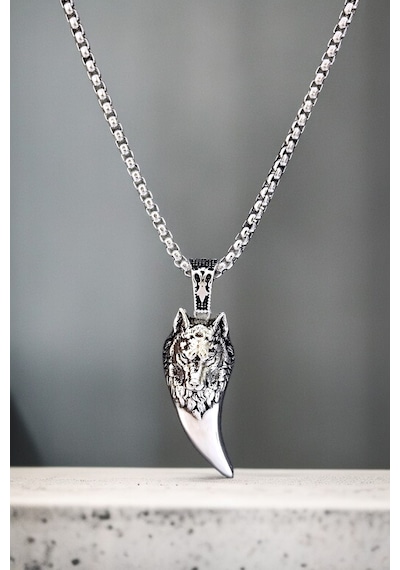 Ak Store Silver Gümüş Kaplama Krom-Çelik Erkek Kolye Madalyon Kurt Dişi Üzerine Bozkurt İşleme