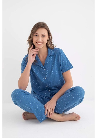 Senfoni Kadın Gömlek Yaka Kısa Kol Pamuklu Pijama Takımı 6011 -1 Adet 001