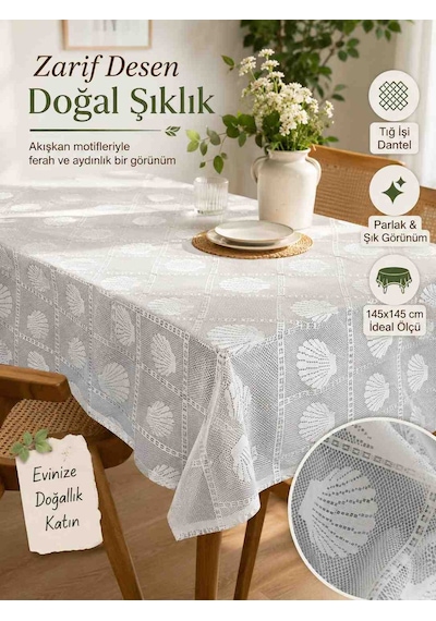 English Home Tığ İşi Dantel Masa Örtüsü 145x145 Cm Deniz Kabuğu Desenli Beyaz