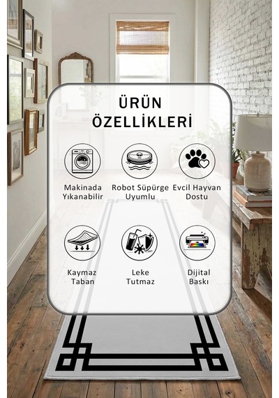 Çerçeve Klasik Gri Siyah Yıkanabilir Yolluk