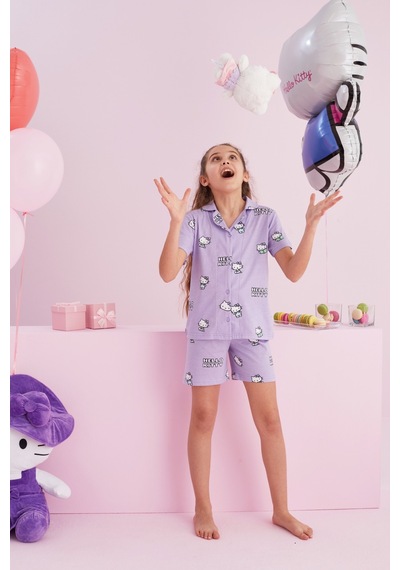 Siyah İnci Lisanslı %100 Pamuk Çok Renkli Düğmeli Şort Pijama Takım Hk155 Lila