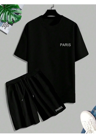 Unisex Oversize Paris Baskılı Siyah Bisiklet Yaka T-shirt Şort Siyah