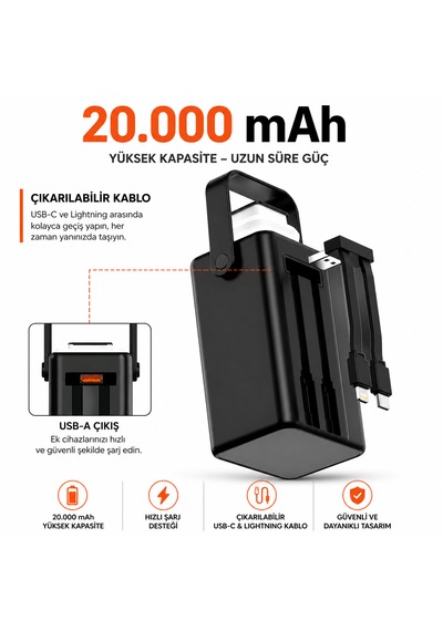 20.000 Mah Powerbank Kamp Lambası Dahili Usb-c & Lightning Kablolu Dijital Göstergeli Pd Hızlı Şarj Taşınabilir