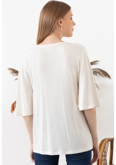 Aqe Fashion Kadın Beyaz Kolu Volanlı Kayık Yaka Bluz-Beyaz