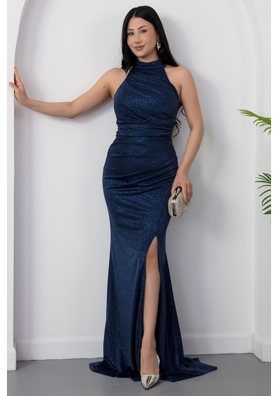 Kalopya Halter Yaka Yırtmaçlı Simli Elbise Drp0013 Lacivert