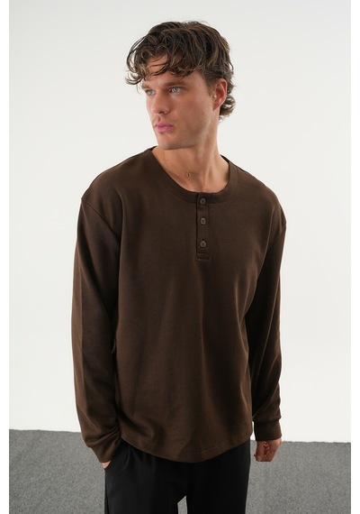 Redline Taren Oversize Erkek Kışlık Düğmeli Sweatshirt Kahverengi