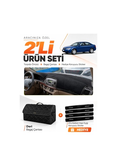 E-biz Hyundai Sonata 2004-2007 Uyumlu Torpido Örtüsü + Deri Bagaj Çantası Seti - Siyah - Hu029