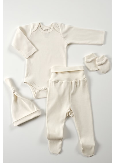 Tinylamb Pure 4 Parça Bebek Uzun Kollu Pamuk Bodysuit Pijama Takımı Yenidoğan Mini Set Çocuk Hediye Seti Bej