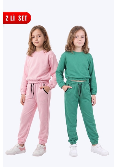Panios Kids 2'li Yuvarlak Yakalı Beli Lastikli Crop Kesim 4 Parça Kız Çocuk Alt Üst Eşofman Takımı Pembe-yeşil