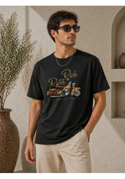 Defymoda Erkek Motosiklet Baskılı Tişört Bisiklet Yaka Kısa Kol Yazlık T-shirt - Siyah