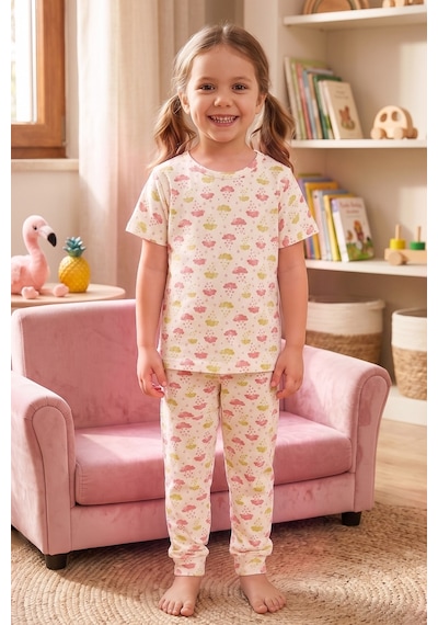 Öts Kız Çocuk Pamuklu Pijama Takımı Kısa Kol Uzun Alt Desenli Geniş Ve Rahat Kesim 474005 Renkli-5