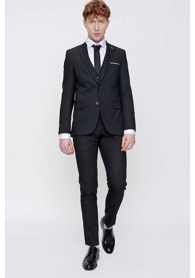 Morven Siyah Yelekli Jakarlı Slim Fit Dar Kesim 6 Drop Erkek Takım Elbise Siyah
