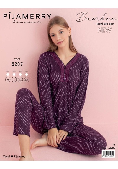 Pijamerry Kadın Bambu Baharlık Dantel Yaka Uzun Kol İnce Pijama Takımı 5207m - 1 Adet Mor