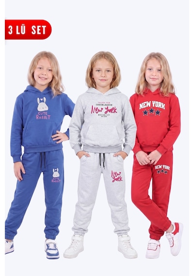 Panios Kids Kız Çocuk 3'lü Baskılı Kanguru Cepli Kapüşonlu Eşofman Takımı Sax-gri-kırmızı