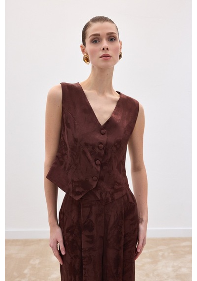 Sateen Jakarlı Yelek - Kahve-136838 Kahve