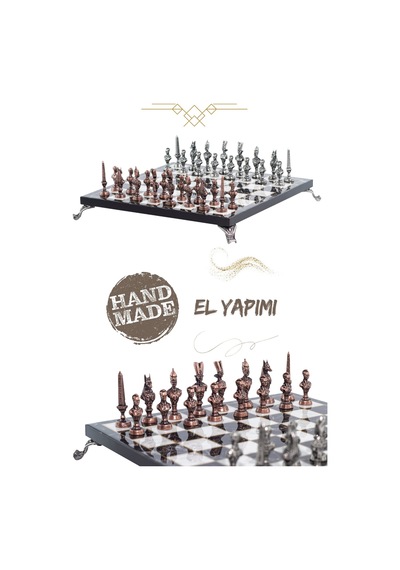 Mc57 Antik Mısır Figürlü Metal Satranç Takımı - Mermer Desenli 25cm Tahta El Yapımı Taşlar