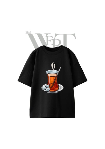 Thewert Turk Cayi Tasarım Baskılı Ünisex Siyah Oversize T-shirt