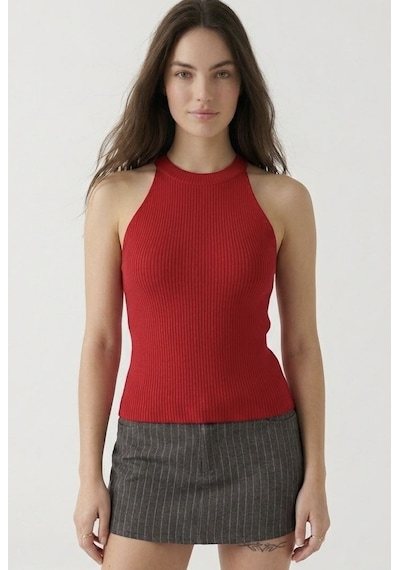Neden Tekstil Kadın Fitilli Halter Yaka Crop Bluz - Kırmızı