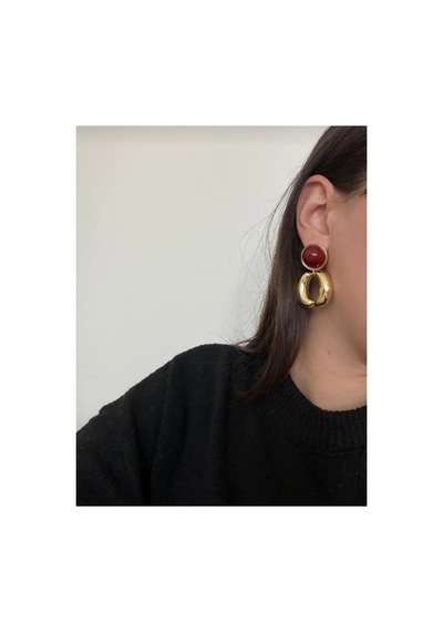 Lunarie Taşlı Halka Sarkıt Vintage Küpe 14k Gold Kalın Bordo