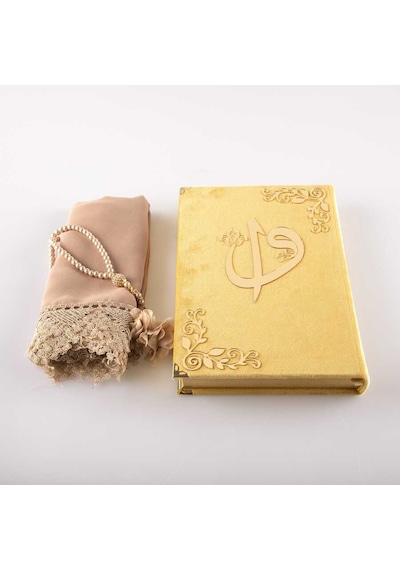 Şal + Tesbih + Kuran Hediye Seti (Orta Boy, Kadife, Gold)