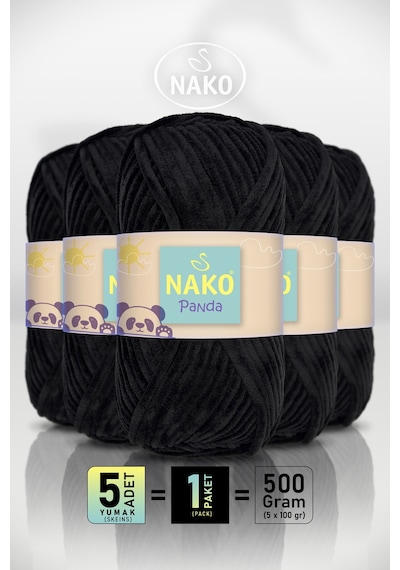 Panda - Siyah 3087 - 5'li Paket - 100gr/120m - Kadife El Örgü İpi - Amigurumi Punch İpi