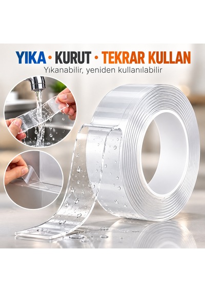 3 Adet Çift Taraflı Yapışkanlı Nano Sihirli Bantı 19mm X 1 Metre Şeffaf Silikon Sök Yıka Kullan Bandı