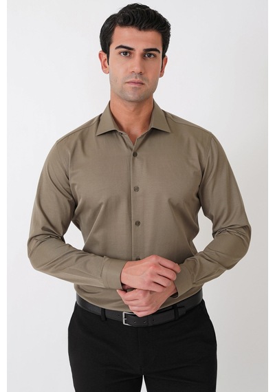 Slim Fit Pamuk Saten Klasik Haki Gömlek Gk 604