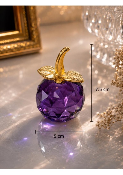 Mor Kristal Elma Biblo Mini Boy 7.5 Cm Dekoratif Cam Obje Gold Yapraklı Lüks Masa Üstü Süs
