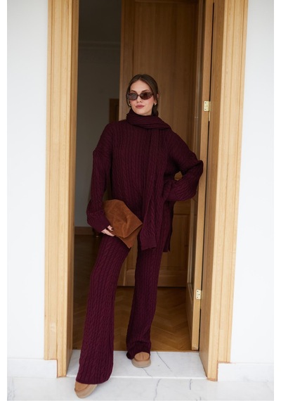 Meecy Kadın Triko Pantolon Takım Oversize Saç Örgülü Bordo Bordo