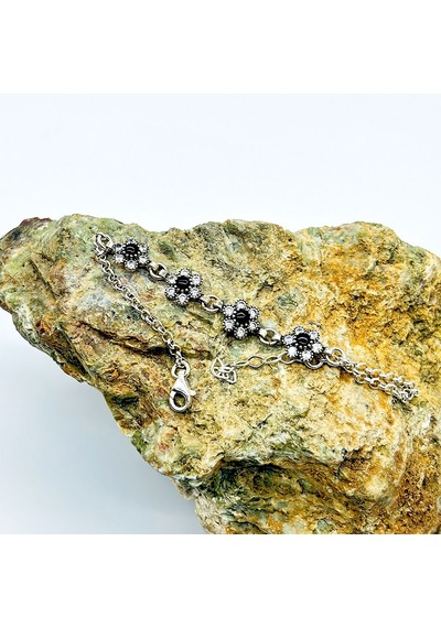 Papatya Model Zirkon Ve Oltu Taşı İşçilikli 925 Ayar Gümüş Bileklik Gümüş