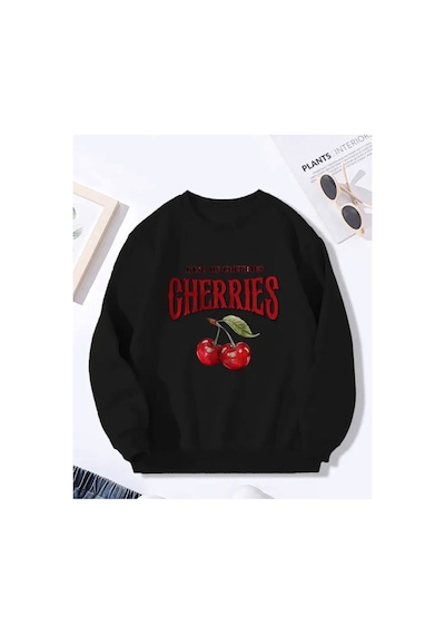 Herkesemoda Cherries Baskı Detaylı Bisiklet Yaka İçi Polarlı Sweatshirt Siyah