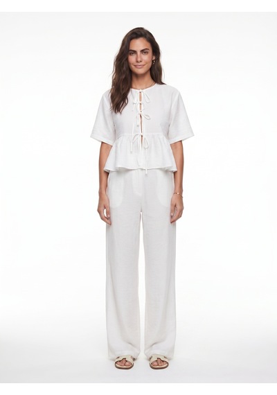 Onloox Kadın Beyaz Beyaz RayKarışımlı Kısa Kollu Bağlama Detaylı Bluz PantolAlt Üst Takım