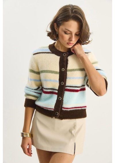 Shade Kadın Çok Yumuşak Dokulu Çizgili Triko Hırka 2499 60283677 - Kahverengi-bej
