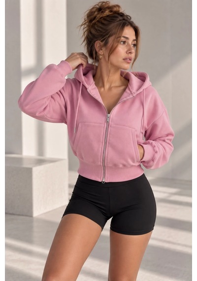 Bb Butik Basic Kapüşonlu Fermuarlı Kısa Kadın Sweatshirt Günlük Basic Model My3535 Pembe