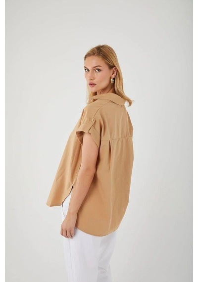 Mixray 3967 Kadın Apoletli Kısa Kol Oversize Gömlek Vizon