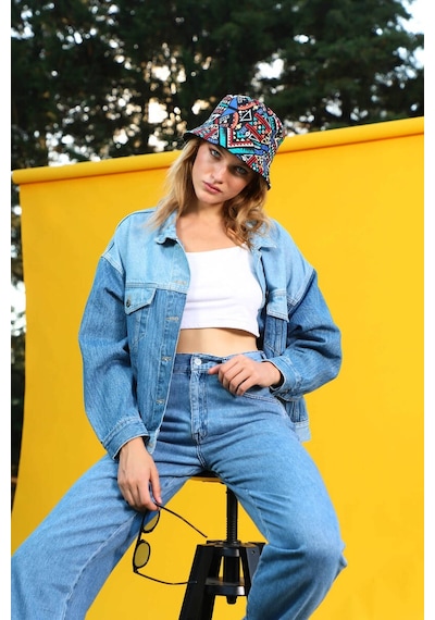 Kadın Renk Bloklu Oversize Jean Ceket Mavi 001