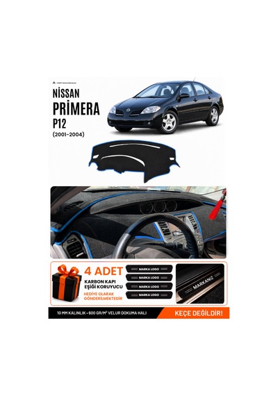 Nissan Primera P12 2001-2004 Uyumlu Torpido Örtüsü, Torpido Kılıfı - Siyah-mavi - Nı015