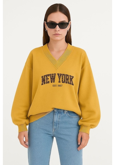 Benroma New York Baskılı Ünisex V Yaka Sweatshirt Sarı