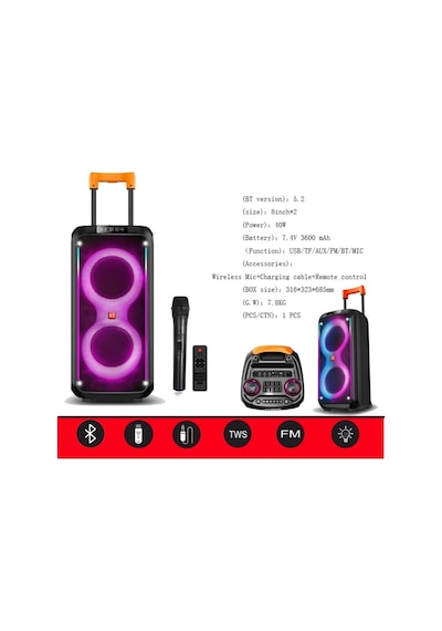 Party Box Bluetooth Hoparlör Büyük Boy Taşınabilir Şarjlı Kablosuz Hoparlör + Karaoke Mikrofon