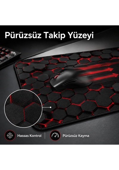 90x40 Cm Mouse Pad, Neon Kırmızı Petek Desenli Büyük Mouse Pad, Kaymaz Kauçuk Tabanlı, Dikişli Kenarlı 3 Mm Klavye Ve Mouse Altlığı, Xxl Desk Mat