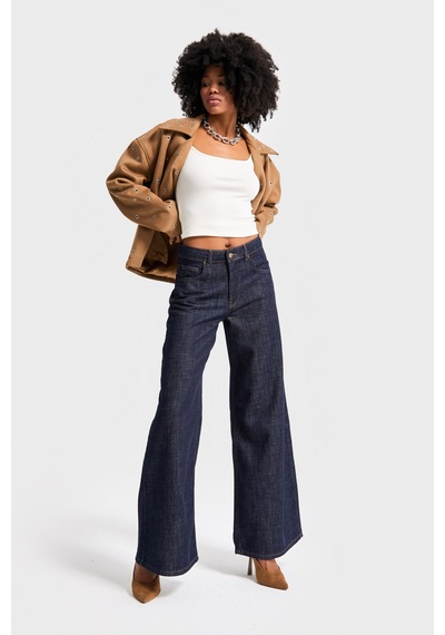 it's basic Kadın İndigo Renk 7w5-50 Palazzo Fit %100 Koton Dökümlü Kumaş Denim Jean
