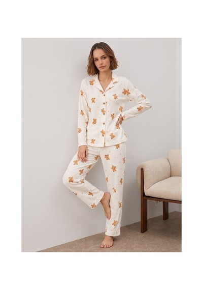 Fit Women Kadın Gömlek Yakalı Uzun Kollu Beyaz Pijama Seti