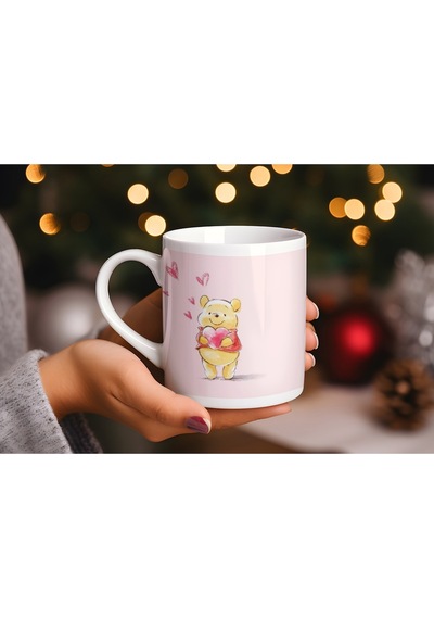 Winnie The Pooh Tasarım Kalp Desenli Romantik Kupa Bardak Sevgiliye Aşk Dolu Hediyelik Bardak Beyaz