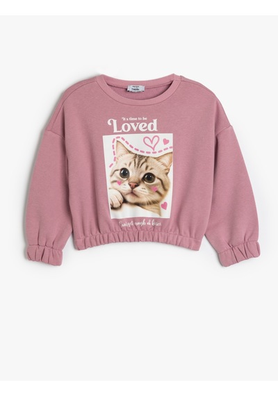 Koton Sweatshirt Bisiklet Yaka Kedi Baskılı Uzun Kollu Lila 5wkg10516ak Lila