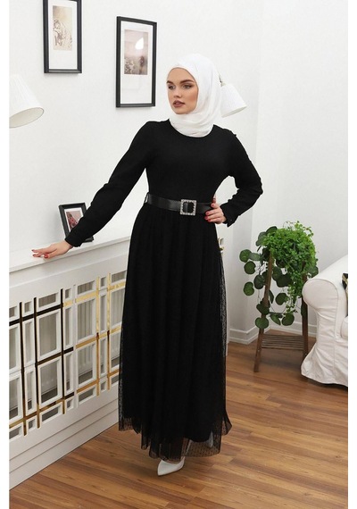 Neşeli Butik Kadın Tül Kemerli Tesettür Elbise Rssn45 - Siyah