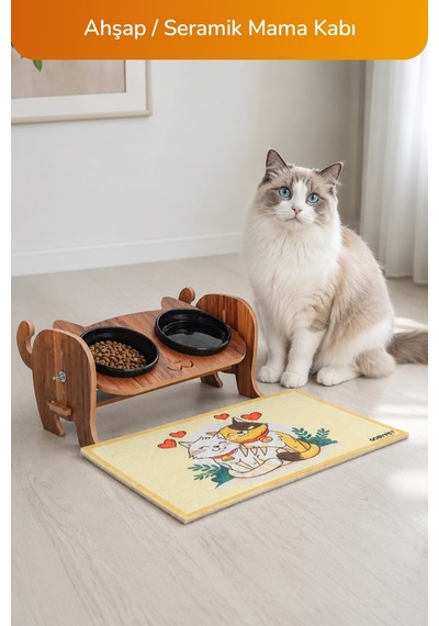 Ahşap Kedi Mama Seramik Su Kabı Standı,kedili Mama Kabı, Hediye Kedi Halısı