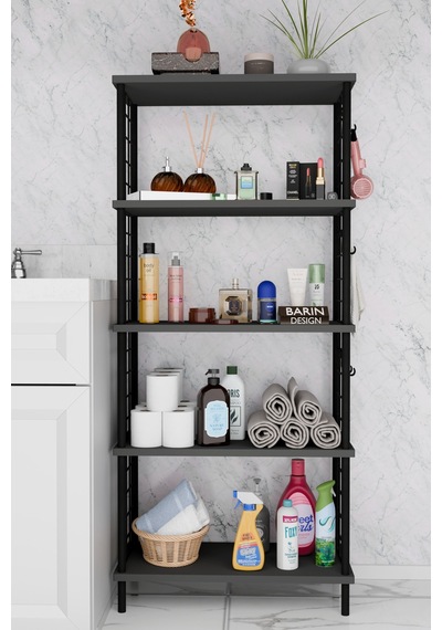 5 Raflı Çevir-kur Raf Ünitesi Telli Metal Gövdeli Organizer Banyo, Mutfak, Balkon, Antre Uyumlu Antrasit