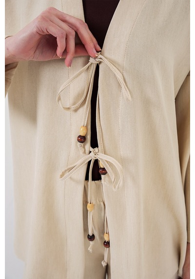 Bigdart Kadın Keten Kimono İkili Takım 6727 - Krem