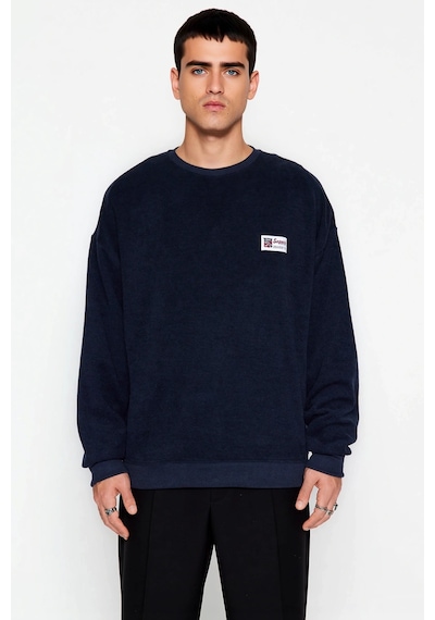 Benerly Erkek Bisiklet Yaka Düşük Kol Oversize Slogan Desenli Sweatshirt Lacivert