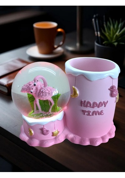 Flamingo Figürlü 15cmx10cm Ebat Pilli Işıklı Dekoratif Kar Küre Kalemlik 15cm X 10cm